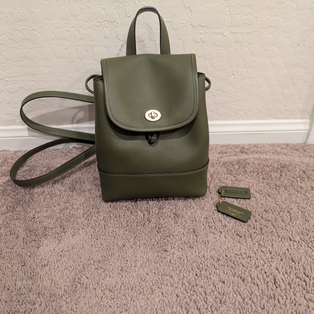 Coach Leather Turnlock Backpack in Olive